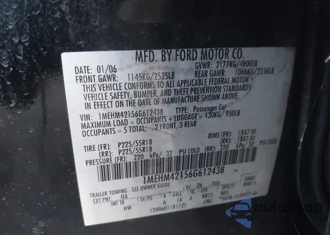 2006 Mercury Montego Premier из США, поврежденный, VIN 1MEHM42156G612438